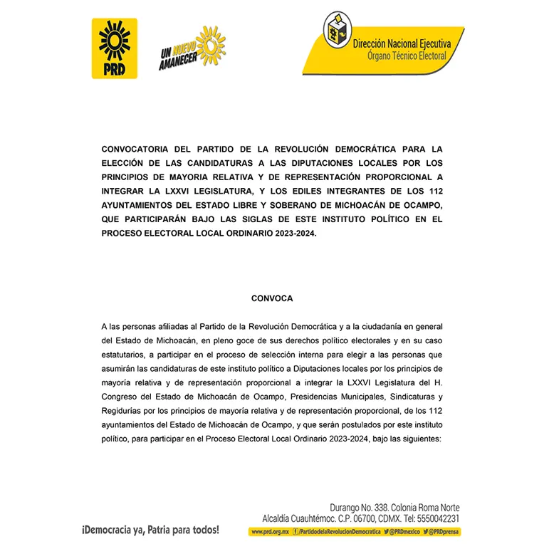 Convocatoria para la elección de las candidaturas a las Diputaciones locales y 112 Ayuntamientos